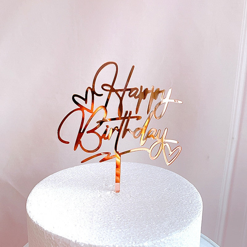 New Happy Birthday Cake Topper Rose Gold Heart Birthday Acrylic Cake T ...