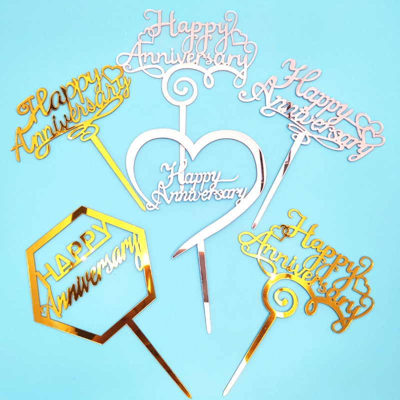 INS Happy Anniversary Party Cake Topper Gold silver Acrylic Wedding Cake Toppers for Valentine's Day Baking Cake Decoration gift