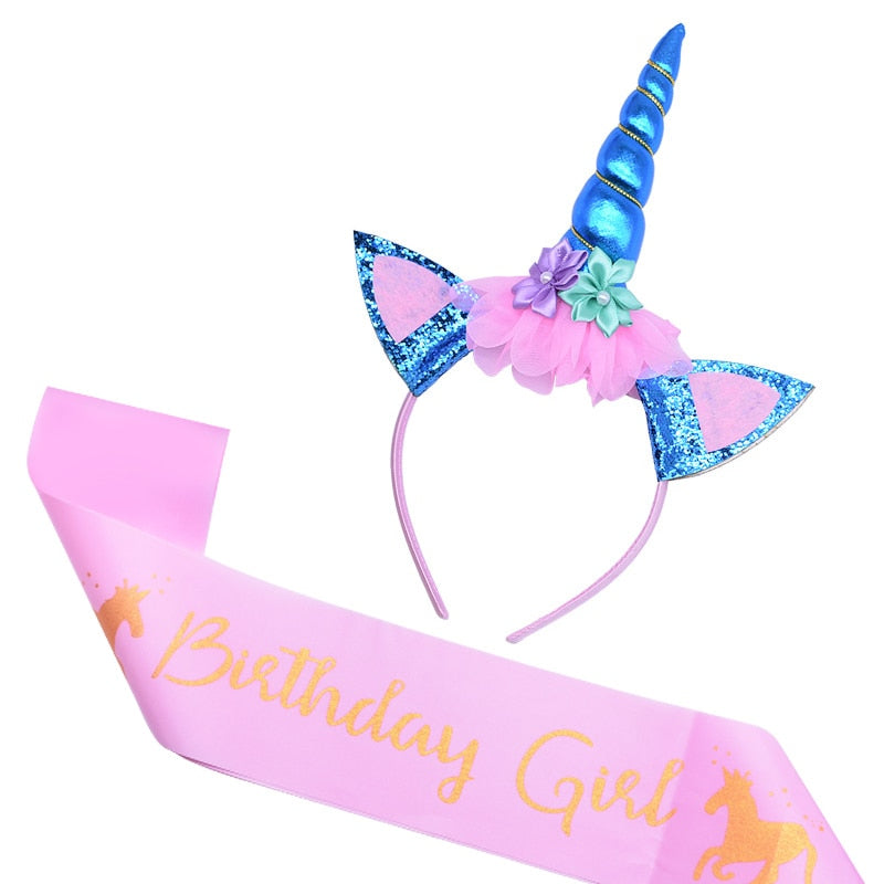 Birthday Girl Unicorn Headband with Sash Unicorn Cake Topper Baby Shower Girl Birthday Party Decorations Unicorn Party Supplies