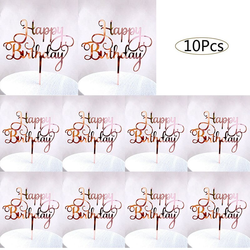 10pcs Happy Birthday Cake Topper Acrylic Gold Cake Toppers Happy Birthday Party Supplies Cake Decorations Promotional Items