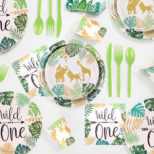 QIFU Jungle Animal Tableware Set Wild One Birthday Party Decor Kids Green Forest Party Supplies Jungle Safari Theme Party Decor