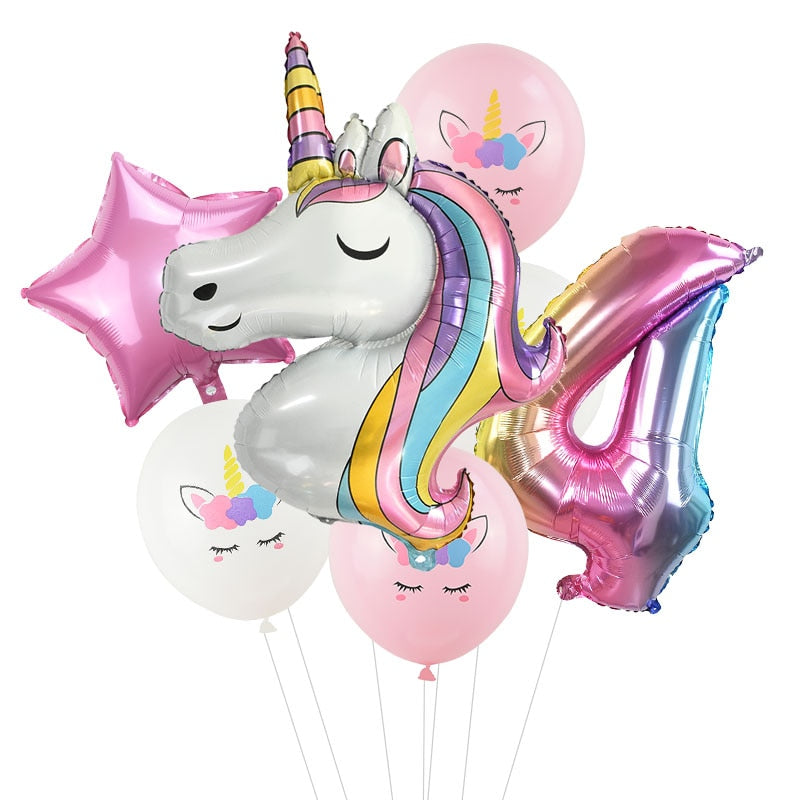 7Pcs/lot Rainbow Unicorn Party Balloons Unicorn Birthday Decoration Number Balloon Kids Birthday Party Baby Shower Decor Globos