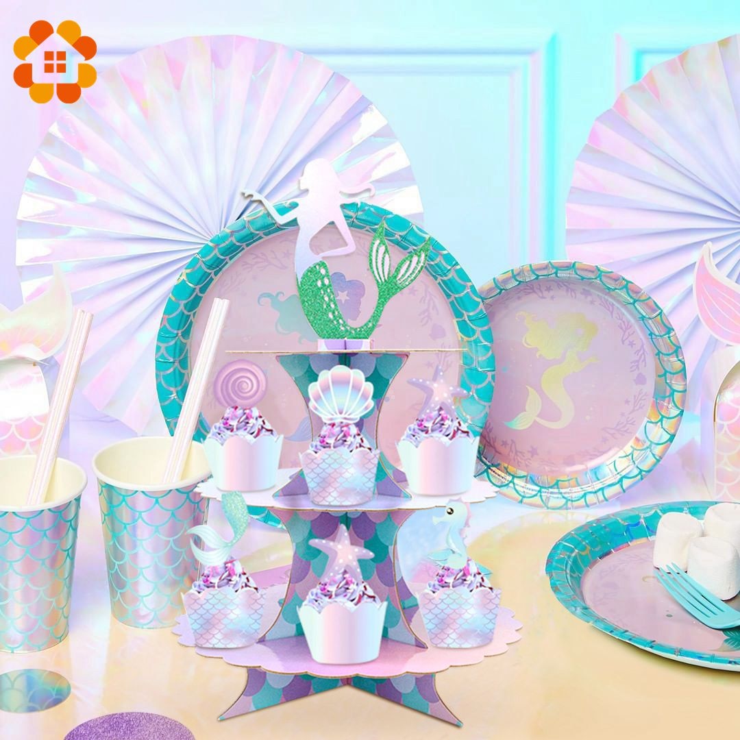 1Set Mermaid Birthday Cake Stand Mermaid Party Plates Cup for Baby Shower Birthday Party Decor Kids Mermaid Wedding Party Supply