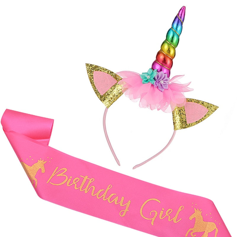 Birthday Girl Unicorn Headband with Sash Unicorn Cake Topper Baby Shower Girl Birthday Party Decorations Unicorn Party Supplies