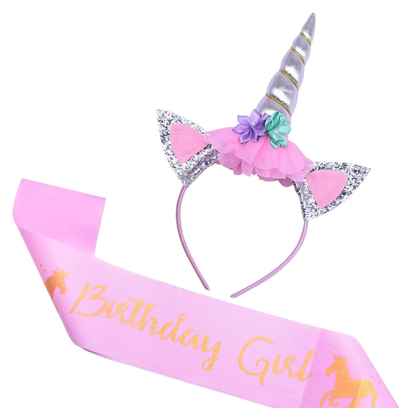 Birthday Girl Unicorn Headband with Sash Unicorn Cake Topper Baby Shower Girl Birthday Party Decorations Unicorn Party Supplies