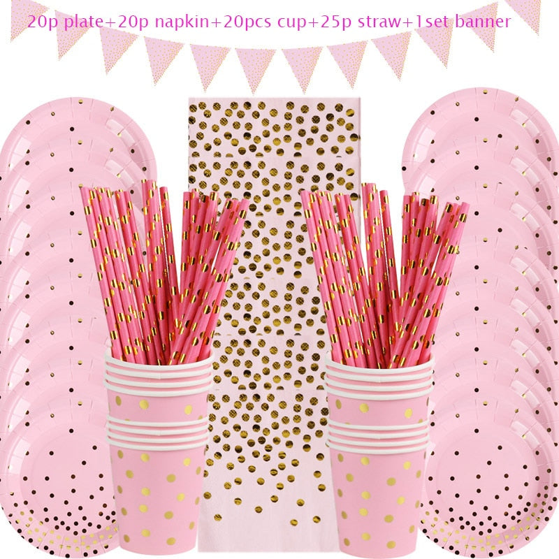 Rose Gold Birthday Decorations Disposable Tableware Set Paper Cup Adult Wedding Birthday Party Decorations Kids Babyshower Girl