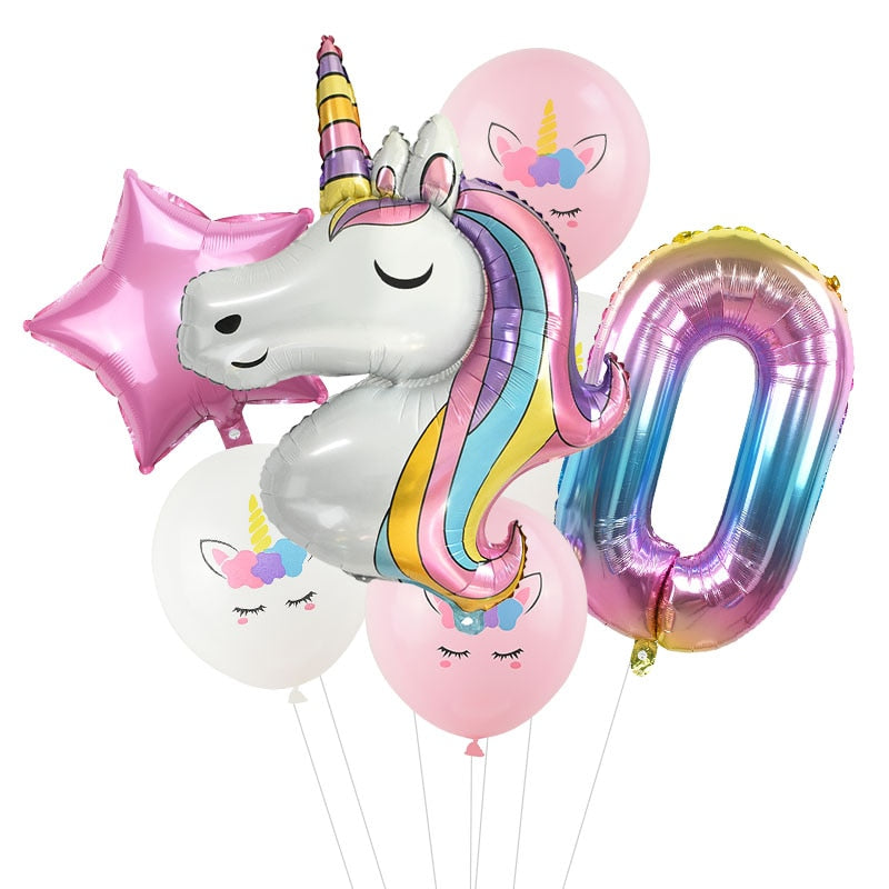 7Pcs/lot Rainbow Unicorn Party Balloons Unicorn Birthday Decoration Number Balloon Kids Birthday Party Baby Shower Decor Globos