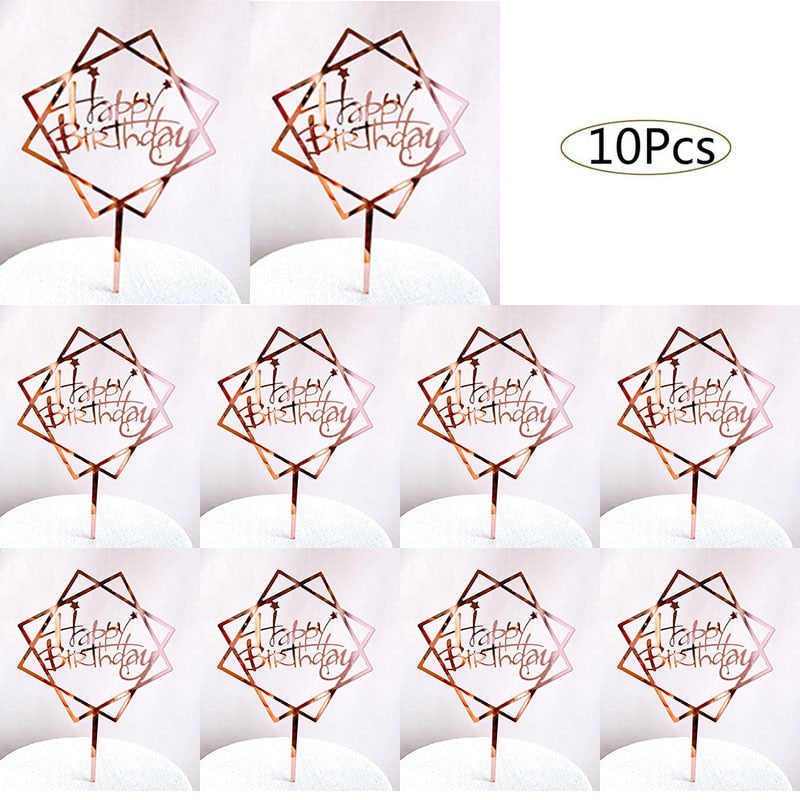 10pcs Happy Birthday Cake Topper Acrylic Gold Cake Toppers Happy Birthday Party Supplies Cake Decorations Promotional Items