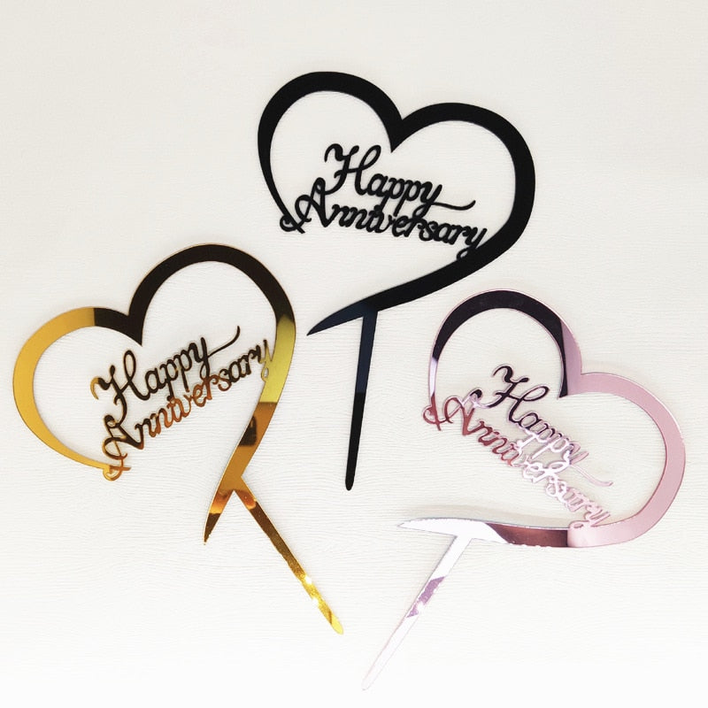 INS Happy Anniversary Party Cake Topper Gold silver Acrylic Wedding Cake Toppers for Valentine's Day Baking Cake Decoration gift