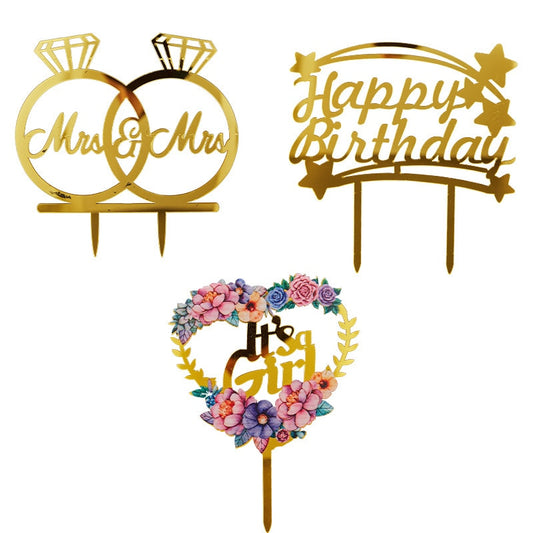 INS Happy Anniversary Party Cake Topper Gold silver Acrylic Wedding Cake Toppers for Valentine's Day Baking Cake Decoration gift