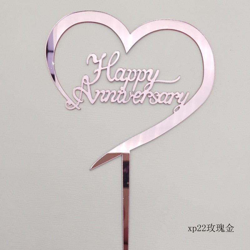 INS Happy Anniversary Party Cake Topper Gold silver Acrylic Wedding Cake Toppers for Valentine's Day Baking Cake Decoration gift