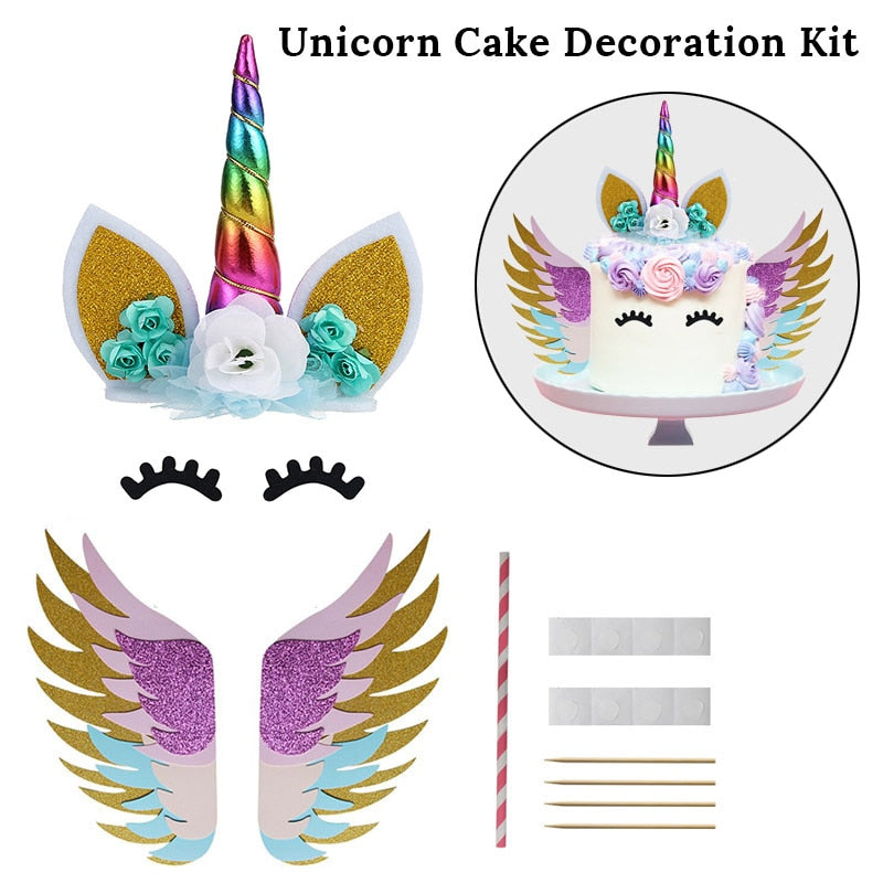 Cyuan Unicorn Birthday Cake Wings Decor Cartoon Unicorn Cake Toppers Birthday Party Decoration Kids Cupcake Wrappers Cake Topper