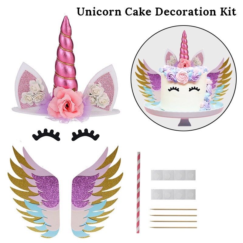 Cyuan Unicorn Birthday Cake Wings Decor Cartoon Unicorn Cake Toppers Birthday Party Decoration Kids Cupcake Wrappers Cake Topper