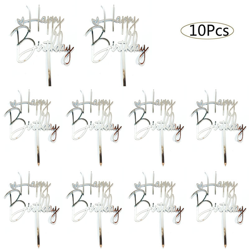 10pcs Happy Birthday Cake Topper Acrylic Gold Cake Toppers Happy Birthday Party Supplies Cake Decorations Promotional Items