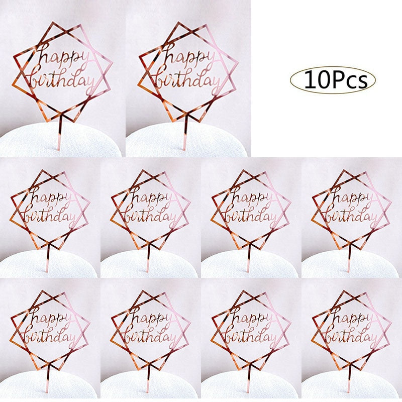 10pcs Happy Birthday Cake Topper Acrylic Gold Cake Toppers Happy Birthday Party Supplies Cake Decorations Promotional Items