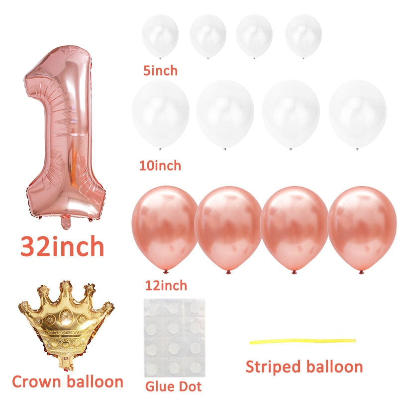 First Birthday Boy Girl Party Rose Gold Column Balloon Happy Birthday Decoration My One Year 1st Birthday Supplies Kids Adult