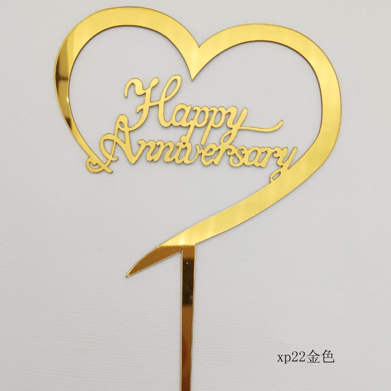 INS Happy Anniversary Party Cake Topper Gold silver Acrylic Wedding Cake Toppers for Valentine's Day Baking Cake Decoration gift