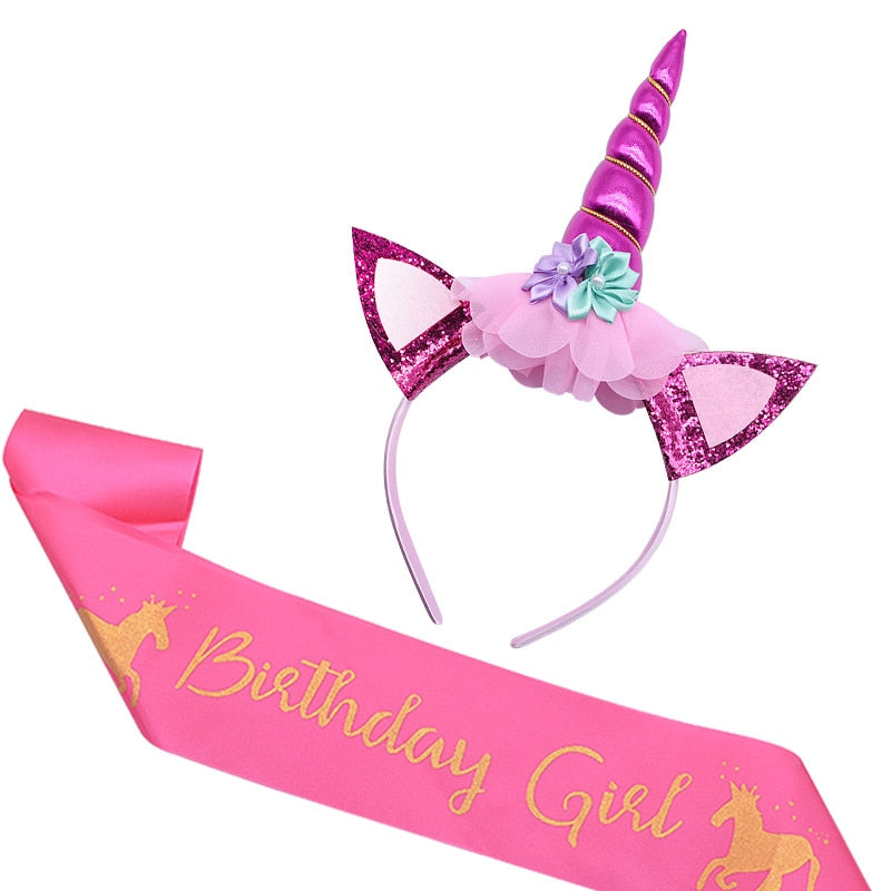 Birthday Girl Unicorn Headband with Sash Unicorn Cake Topper Baby Shower Girl Birthday Party Decorations Unicorn Party Supplies