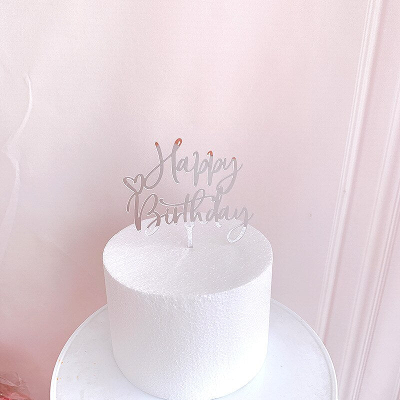 New Happy Birthday Cake Topper Rose Gold Heart Birthday Acrylic Cake Topper For Kids Birthday Party Cake Decorations Baby Shower