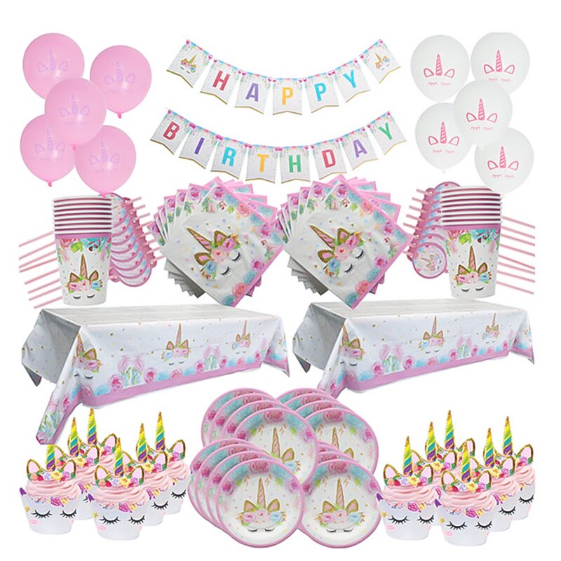 Girl Birthday Party Pink Unicorn Paper Plate Cup Napkin Disposable Tableware Sets Baby Shower 1st First Birthday Party Supplies