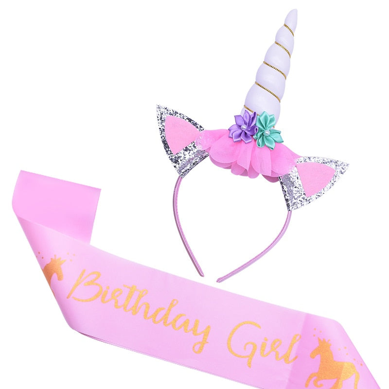 Birthday Girl Unicorn Headband with Sash Unicorn Cake Topper Baby Shower Girl Birthday Party Decorations Unicorn Party Supplies