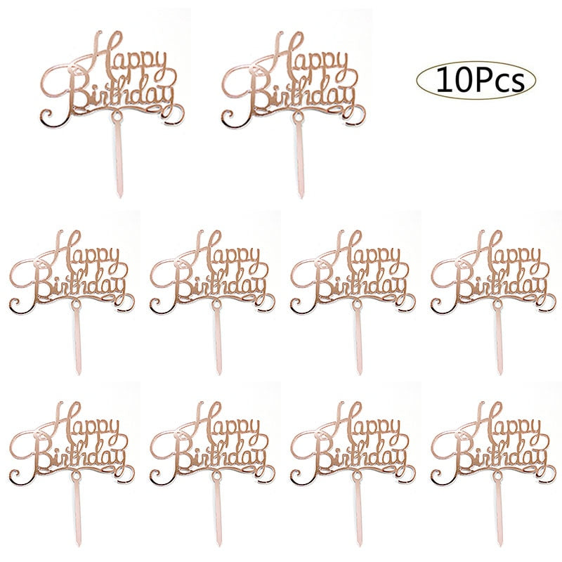 10pcs Happy Birthday Cake Topper Acrylic Gold Cake Toppers Happy Birthday Party Supplies Cake Decorations Promotional Items