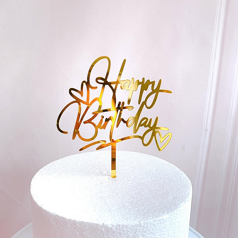 New Happy Birthday Cake Topper Rose Gold Heart Birthday Acrylic Cake Topper For Kids Birthday Party Cake Decorations Baby Shower