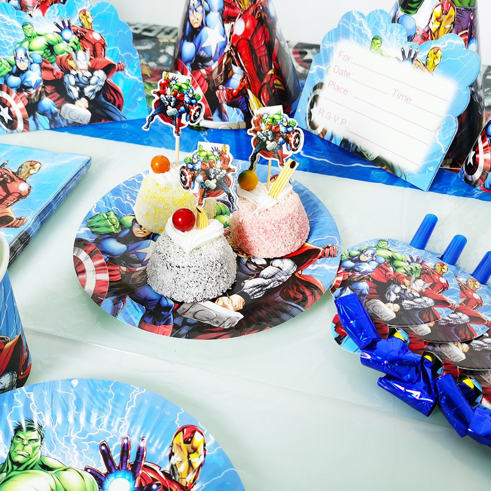 Cartoon The Avengers Theme Birthday Supplies Tablecloth Paper Plate Cup Straw Banner Balloon Party Decoration Set Baby Shower