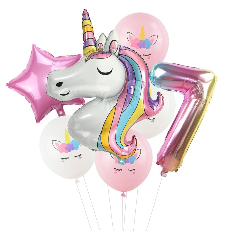 7Pcs/lot Rainbow Unicorn Party Balloons Unicorn Birthday Decoration Number Balloon Kids Birthday Party Baby Shower Decor Globos