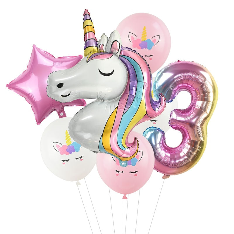 7Pcs/lot Rainbow Unicorn Party Balloons Unicorn Birthday Decoration Number Balloon Kids Birthday Party Baby Shower Decor Globos