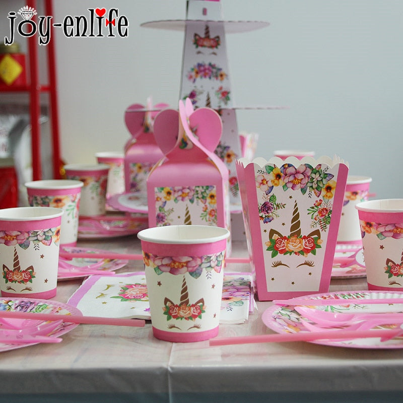 Girl Birthday Party Pink Unicorn Paper Plate Cup Napkin Disposable Tableware Sets Baby Shower 1st First Birthday Party Supplies