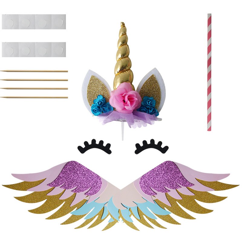 Cyuan Unicorn Birthday Cake Wings Decor Cartoon Unicorn Cake Toppers Birthday Party Decoration Kids Cupcake Wrappers Cake Topper