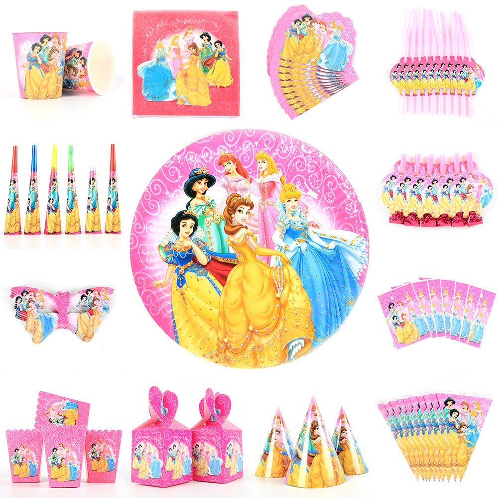 Disney Princess Happy Kids Girls Birthday Party Decoration Set Party Supplies Cup Plate Banner Hat Straw Loot Bag