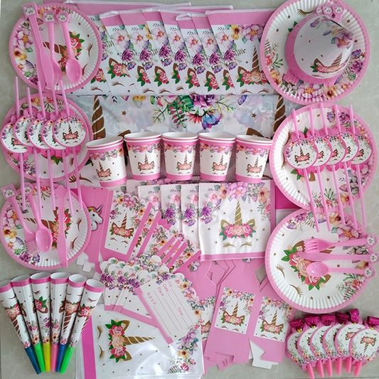 Girl Birthday Party Pink Unicorn Paper Plate Cup Napkin Disposable Tableware Sets Baby Shower 1st First Birthday Party Supplies