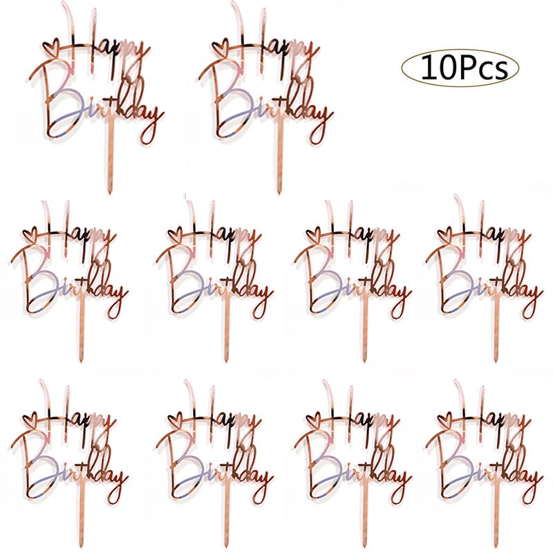 10pcs Happy Birthday Cake Topper Acrylic Gold Cake Toppers Happy Birthday Party Supplies Cake Decorations Promotional Items