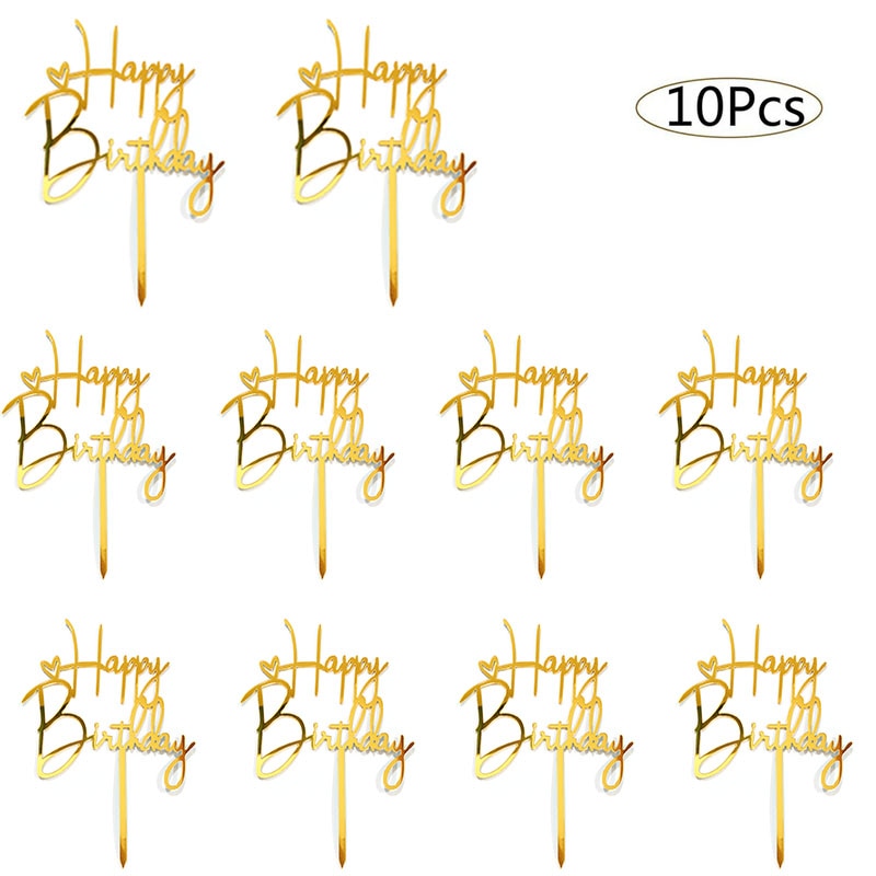 10pcs Happy Birthday Cake Topper Acrylic Gold Cake Toppers Happy Birthday Party Supplies Cake Decorations Promotional Items