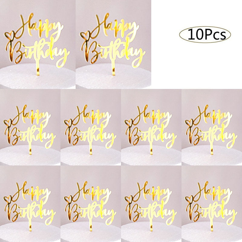 10pcs Happy Birthday Cake Topper Acrylic Gold Cake Toppers Happy Birthday Party Supplies Cake Decorations Promotional Items