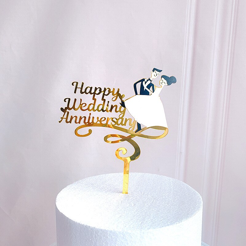 INS Happy Anniversary Party Cake Topper Gold silver Acrylic Wedding Cake Toppers for Valentine's Day Baking Cake Decoration gift