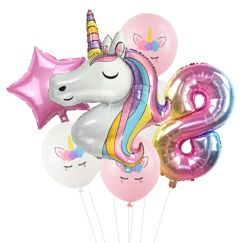 7Pcs/lot Rainbow Unicorn Party Balloons Unicorn Birthday Decoration Number Balloon Kids Birthday Party Baby Shower Decor Globos