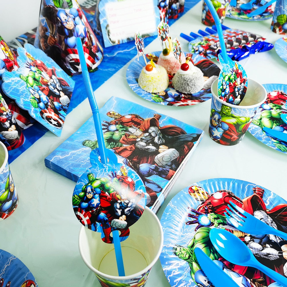 Cartoon The Avengers Theme Birthday Supplies Tablecloth Paper Plate Cup Straw Banner Balloon Party Decoration Set Baby Shower