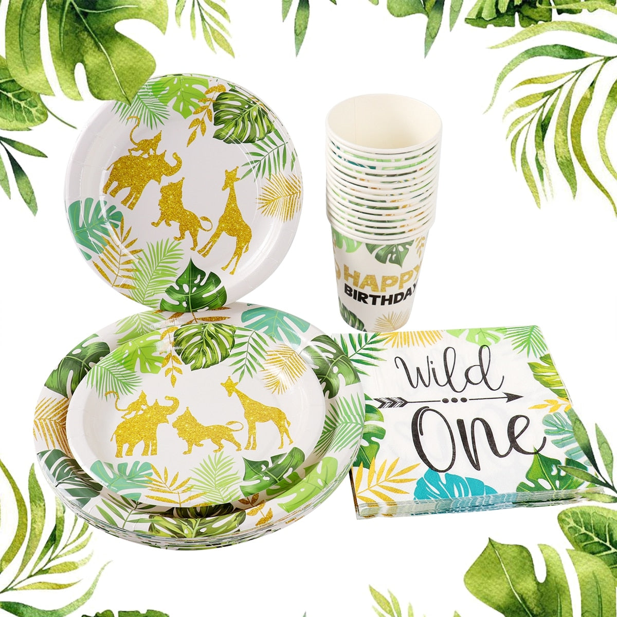 QIFU Jungle Animal Tableware Set Wild One Birthday Party Decor Kids Green Forest Party Supplies Jungle Safari Theme Party Decor