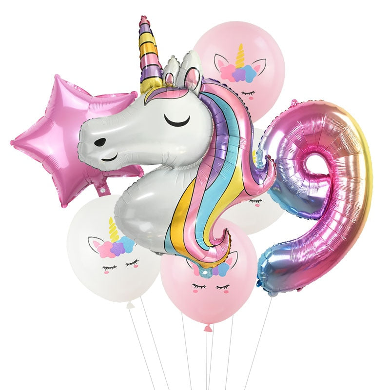 7Pcs/lot Rainbow Unicorn Party Balloons Unicorn Birthday Decoration Number Balloon Kids Birthday Party Baby Shower Decor Globos