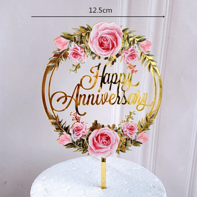 INS Happy Anniversary Party Cake Topper Gold silver Acrylic Wedding Cake Toppers for Valentine's Day Baking Cake Decoration gift