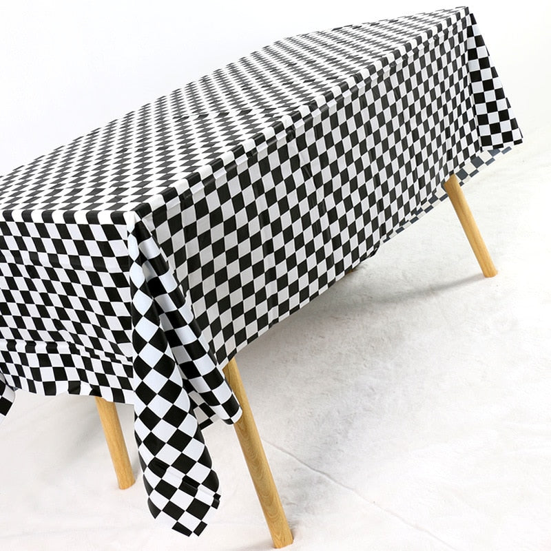 1set 137x274cm Black White Tablecloths Racing Car Motorcycle Theme Party Dispossible Plastic Tablecover Birthday Party Supplies