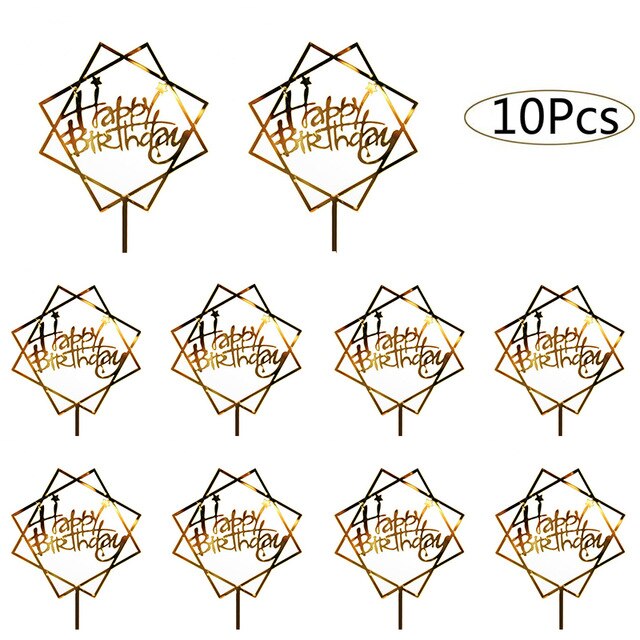 10pcs Happy Birthday Cake Topper Acrylic Gold Cake Toppers Happy Birthday Party Supplies Cake Decorations Promotional Items