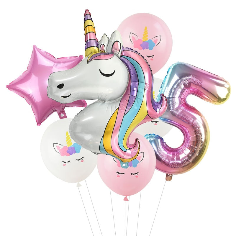 7Pcs/lot Rainbow Unicorn Party Balloons Unicorn Birthday Decoration Number Balloon Kids Birthday Party Baby Shower Decor Globos