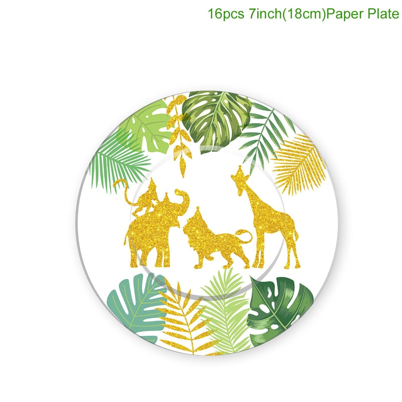 QIFU Jungle Animal Tableware Set Wild One Birthday Party Decor Kids Green Forest Party Supplies Jungle Safari Theme Party Decor