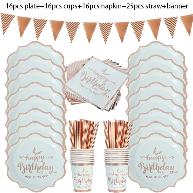 Rose Gold Birthday Decorations Disposable Tableware Set Paper Cup Adult Wedding Birthday Party Decorations Kids Babyshower Girl