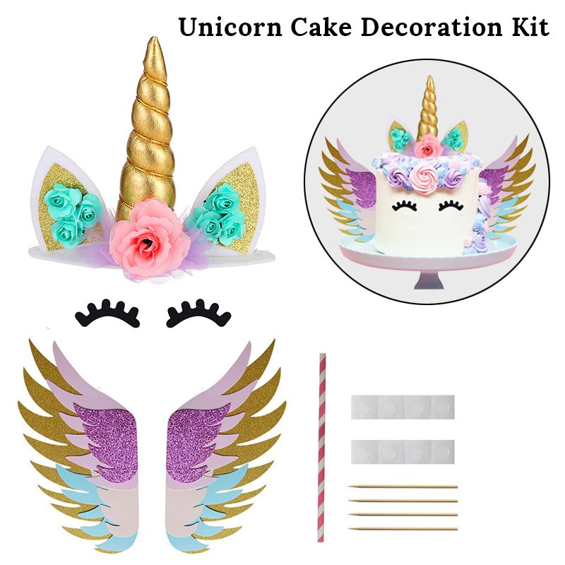 Cyuan Unicorn Birthday Cake Wings Decor Cartoon Unicorn Cake Toppers Birthday Party Decoration Kids Cupcake Wrappers Cake Topper