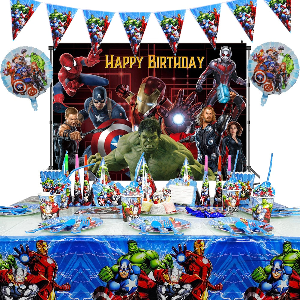 Cartoon The Avengers Theme Birthday Supplies Tablecloth Paper Plate Cup Straw Banner Balloon Party Decoration Set Baby Shower